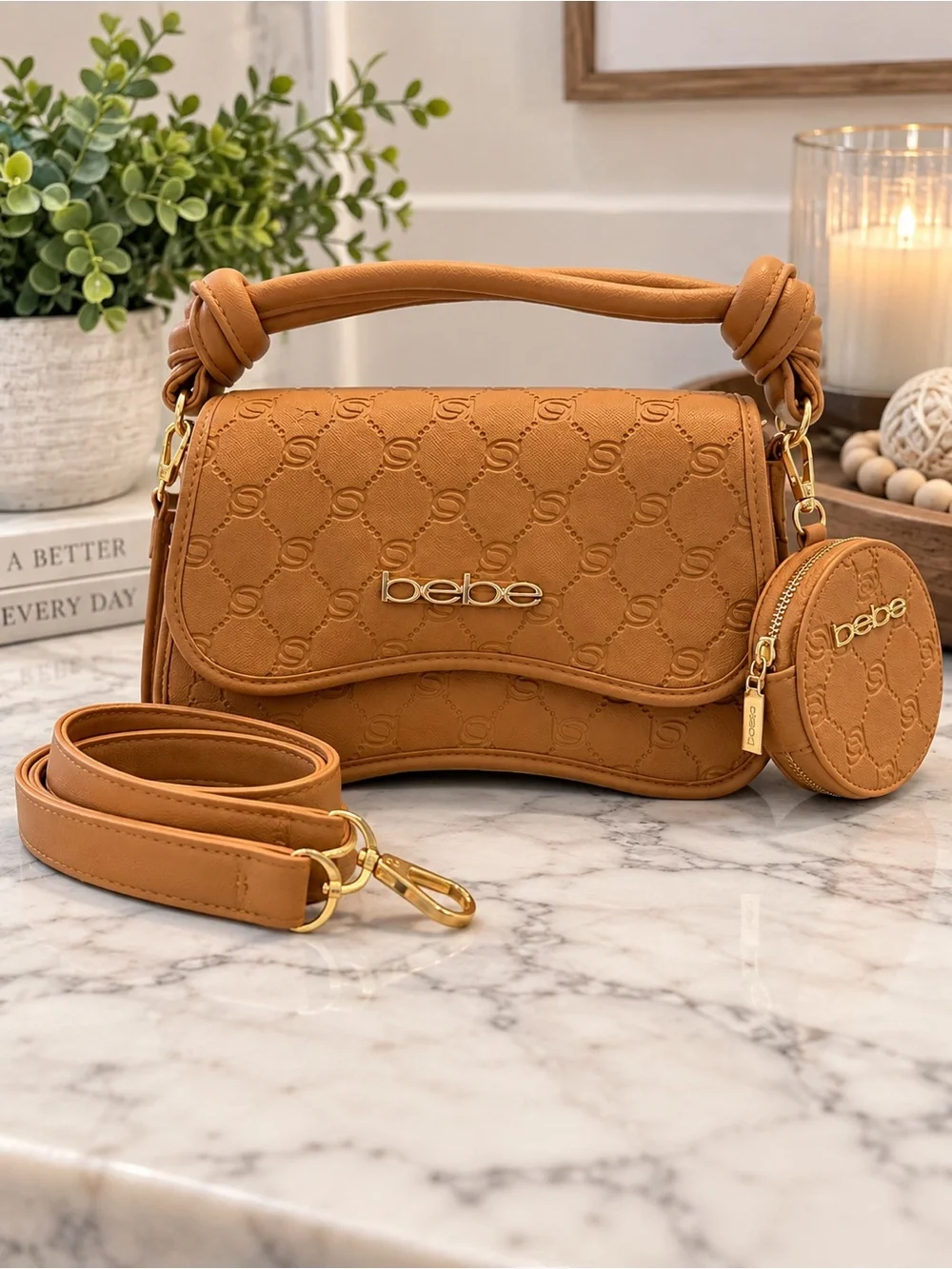 Bebe Monogram Embossed Faux Leather Shoulder Bag Crossbody Purse With Coin Pouch